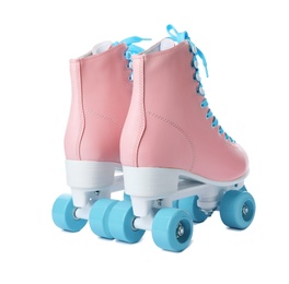 Photo of Pair of stylish quad roller skates on white background