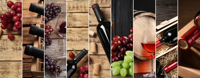 Image of Beautiful collage with different photos of wine. Banner design