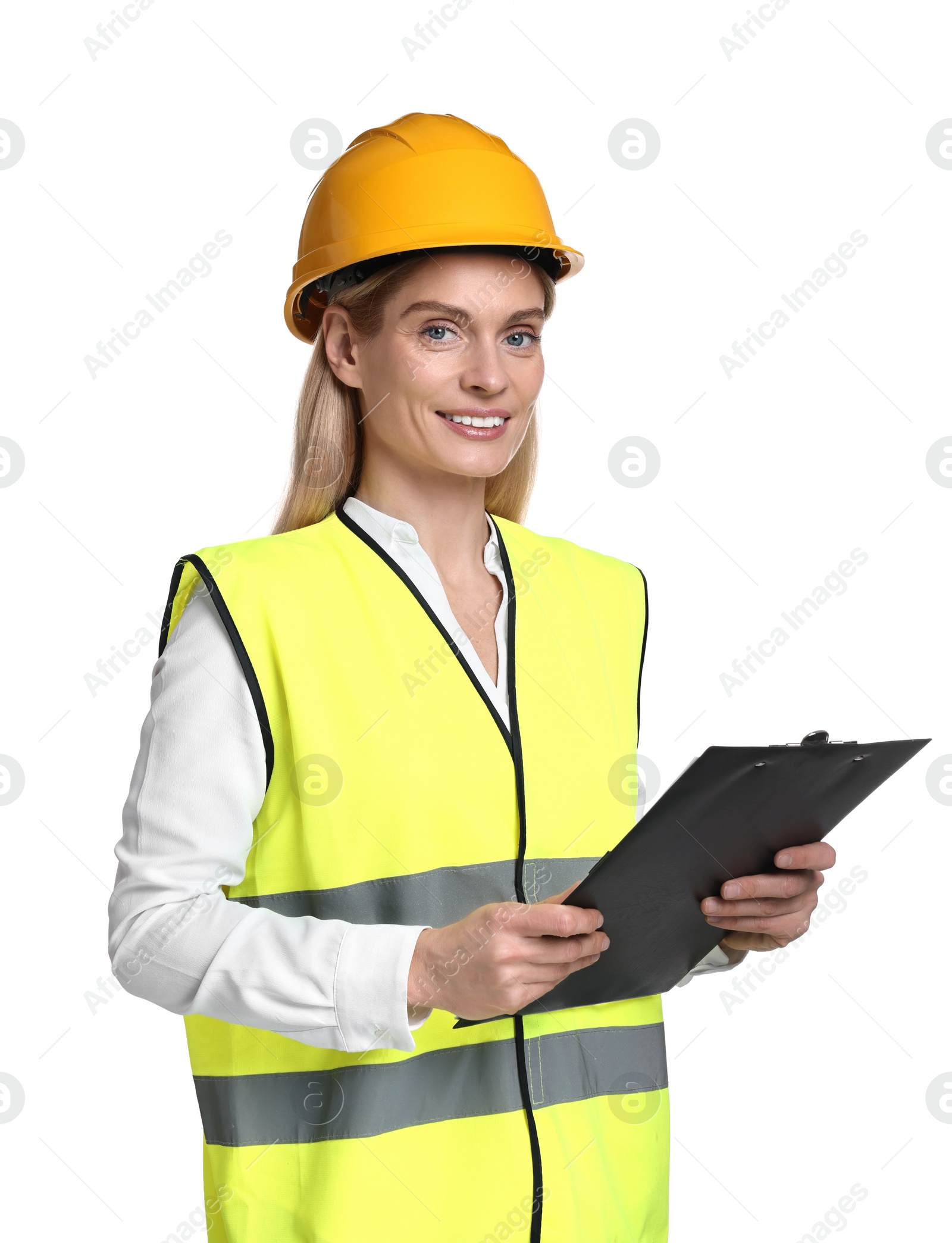 Photo of Engineer in hard hat holding clipboard on white background