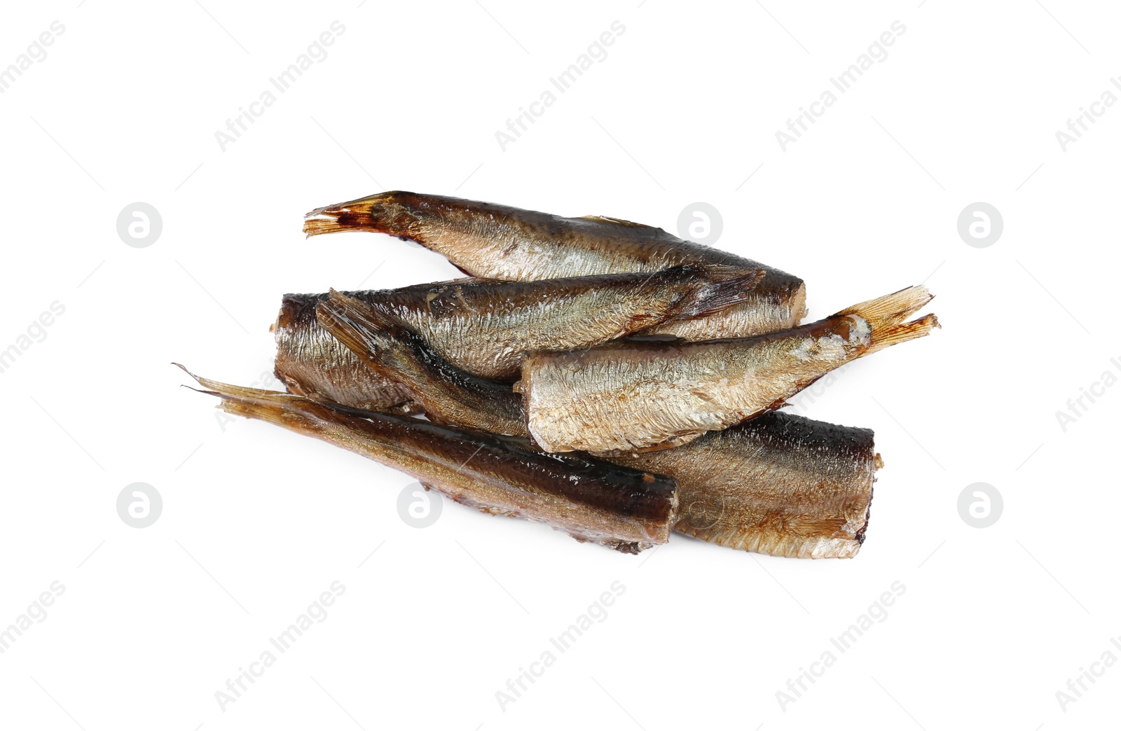 Photo of Tasty canned sprats isolated on white, top view