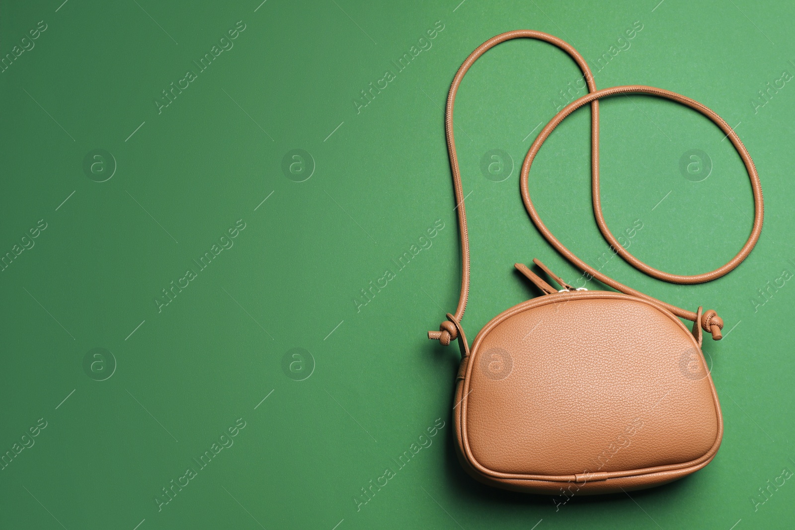 Photo of Stylish woman's bag on green background, top view. Space for text