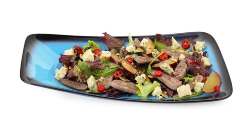Photo of Delicious salad with beef tongue and cheese isolated on white