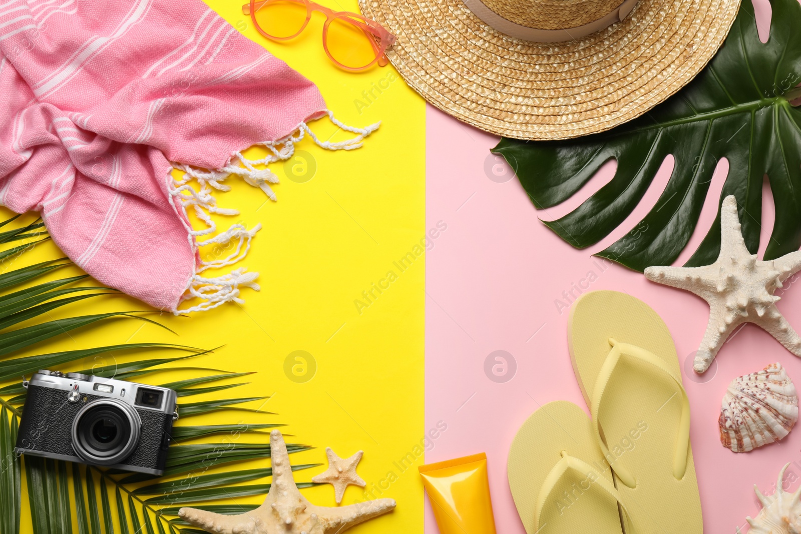 Photo of Frame of different beach objects on color background, flat lay. Space for text