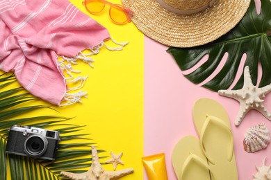 Photo of Frame of different beach objects on color background, flat lay. Space for text