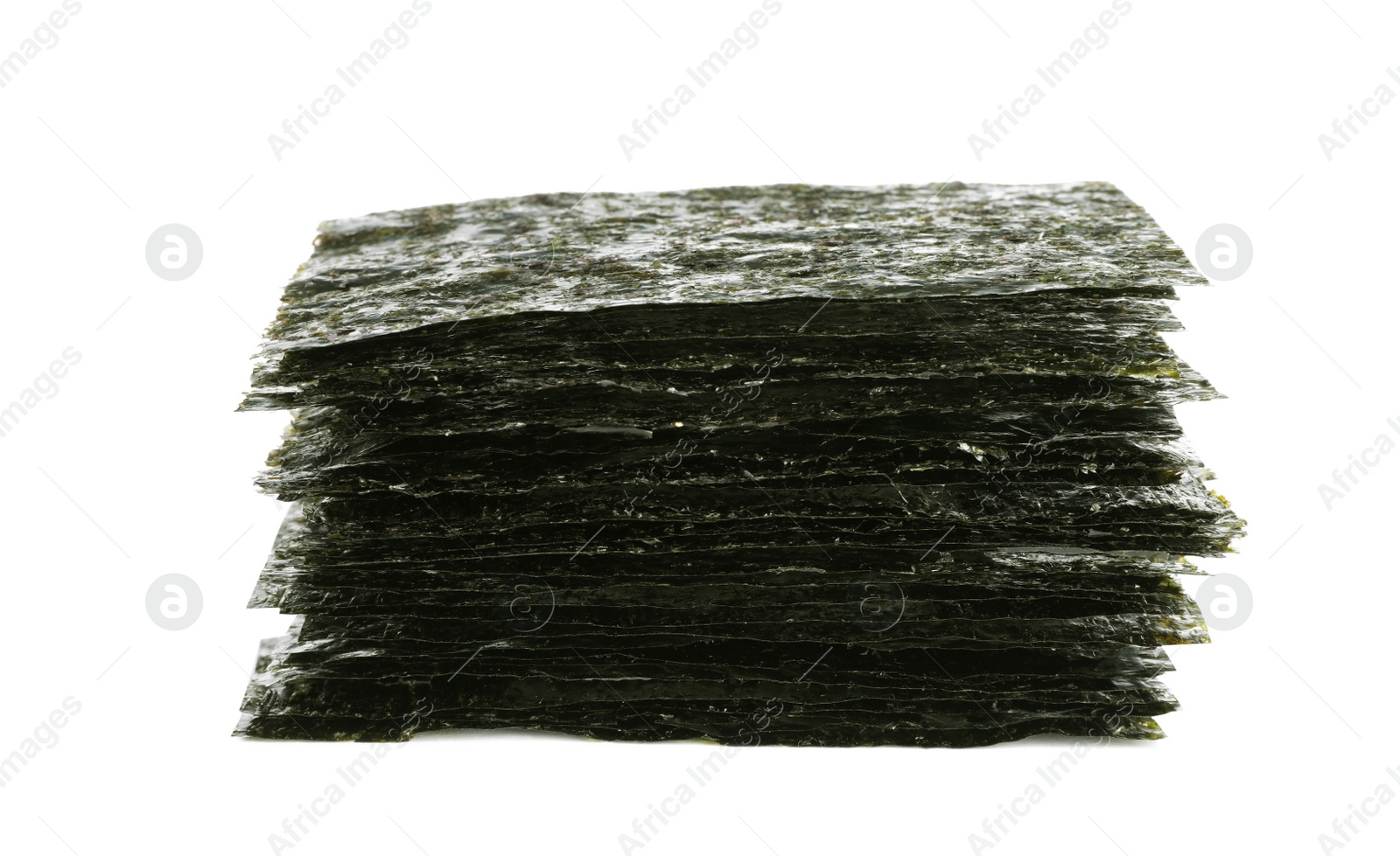 Photo of Stack of dry nori sheets on white background