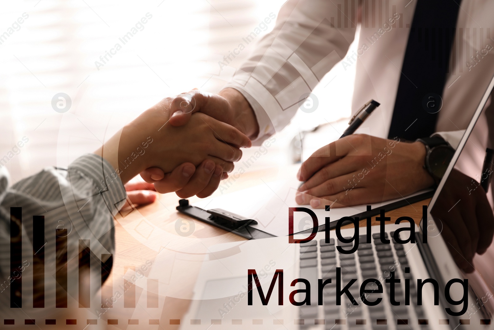 Image of Double exposure of people shaking hands in office and graph, closeup. Digital marketing concept