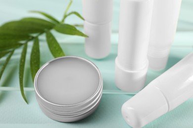 Photo of Different lip balms and palm leaf on light blue background, closeup