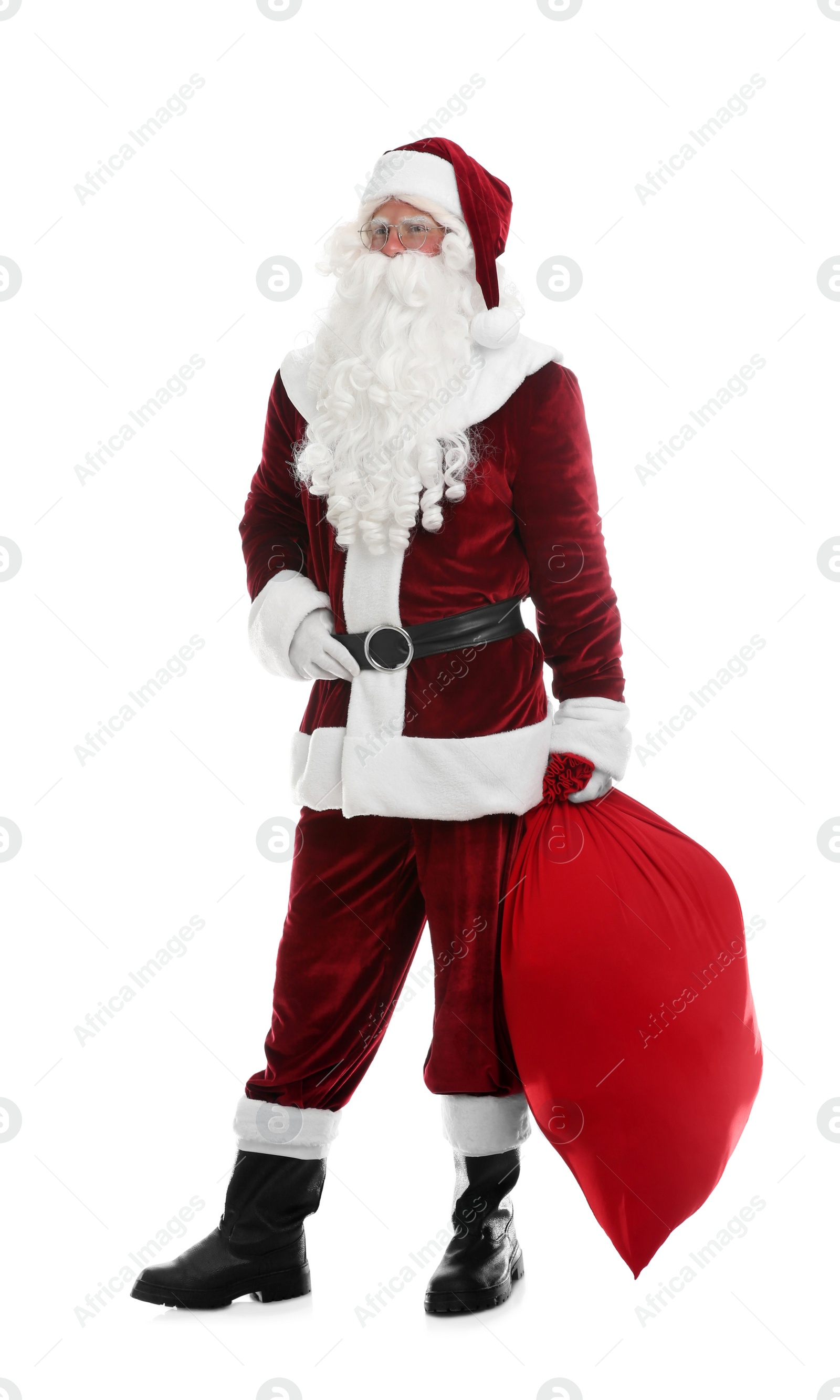 Photo of Santa Claus with sack on white background