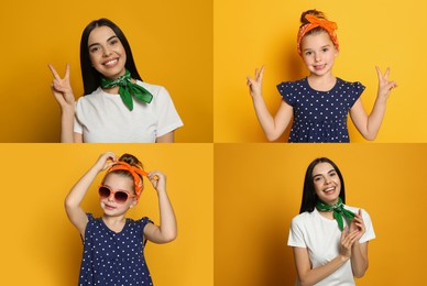 Image of Collage with photos of woman and little girl wearing stylish bandanas on yellow background