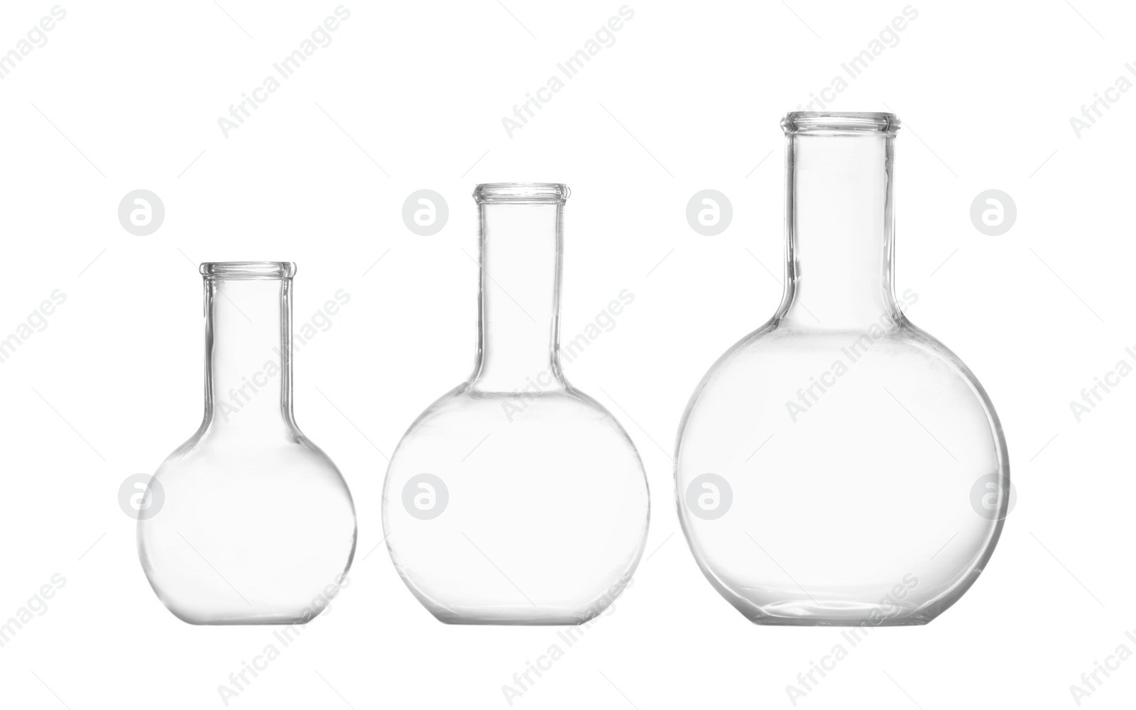 Photo of Empty Florence flasks on white background. Chemistry glassware