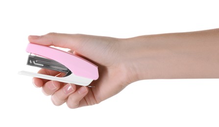 Photo of Woman holding pink stapler on white background, closeup