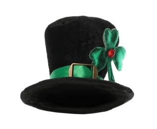 Photo of Leprechaun hat with green clover leaf and ladybug isolated on white. Saint Patrick's Day accessory