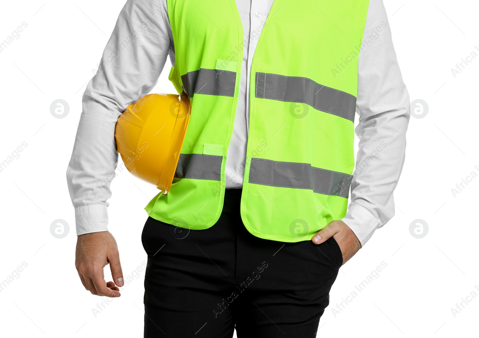 Photo of Engineer with hard hat on white background, closeup