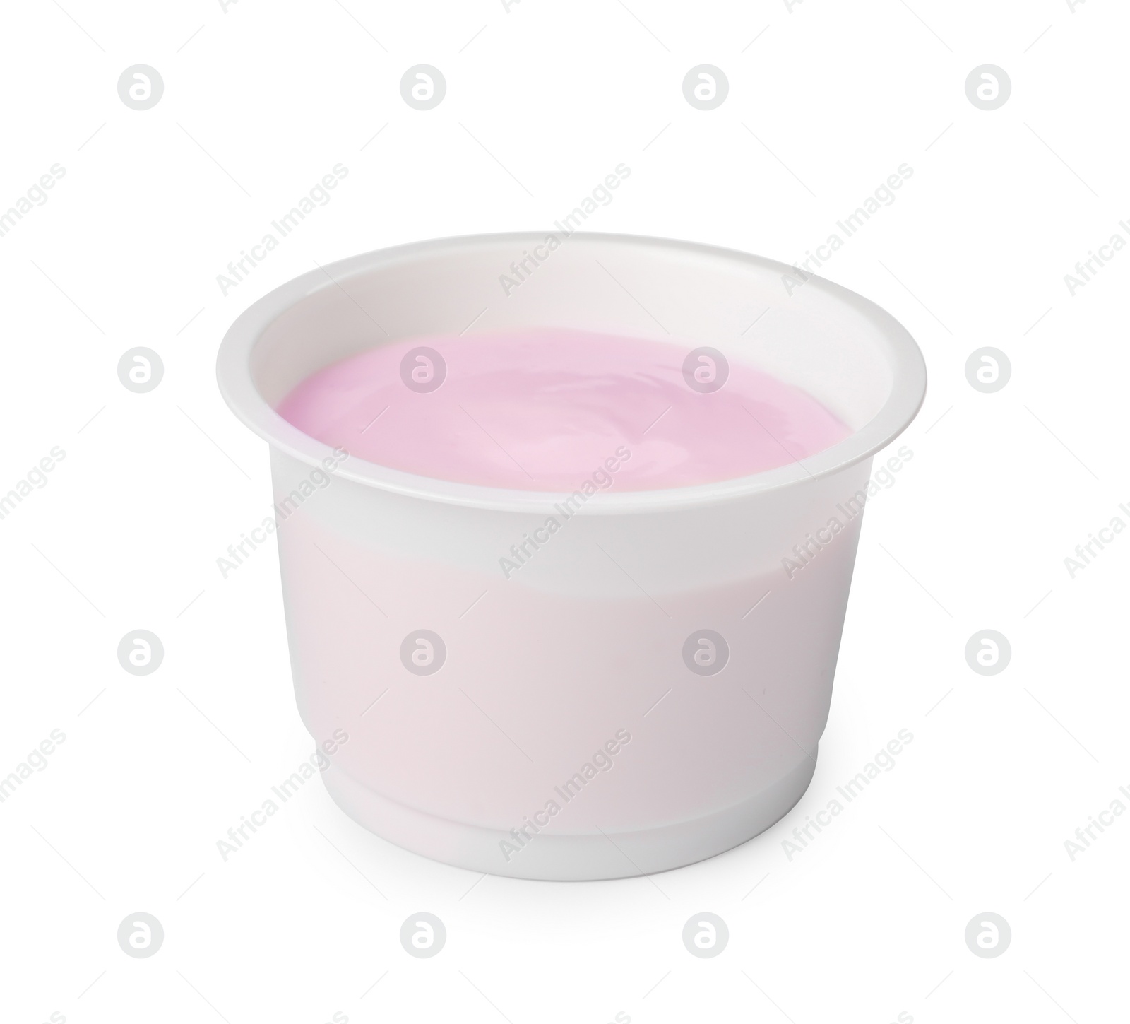 Photo of Plastic cup with delicious organic yogurt isolated on white