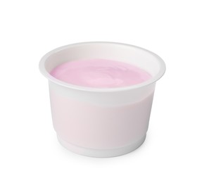 Photo of Plastic cup with delicious organic yogurt isolated on white