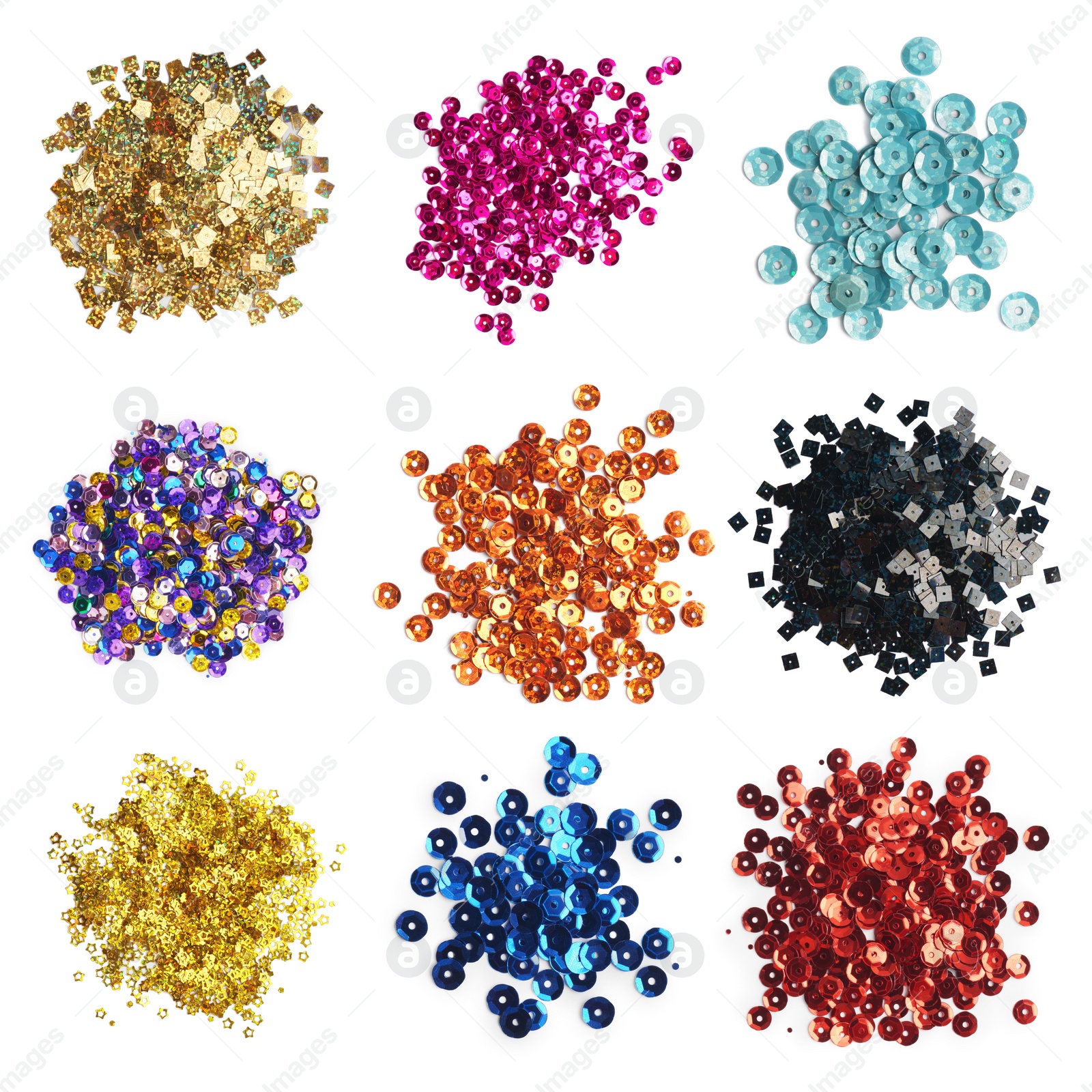 Image of Set of different shiny sequins on white background, top view