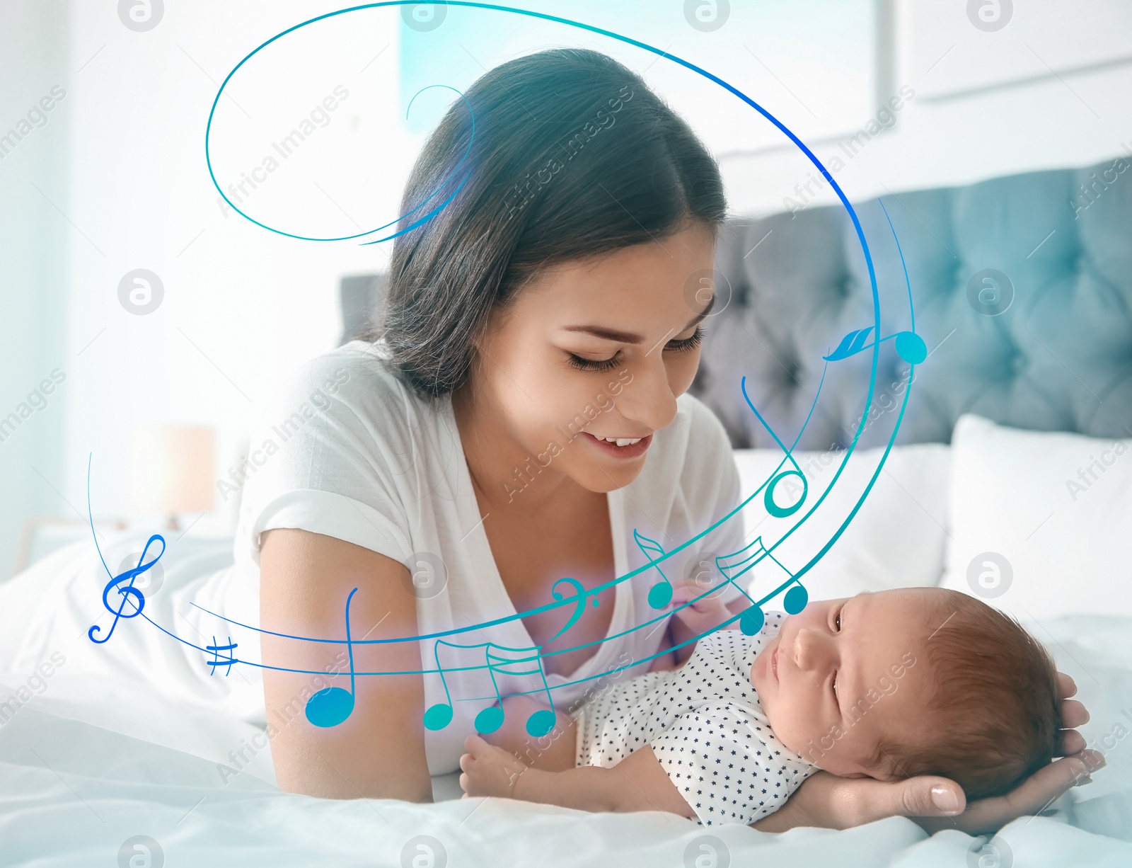 Image of Flying music notes and young woman with her newborn baby on bed. Lullaby songs 