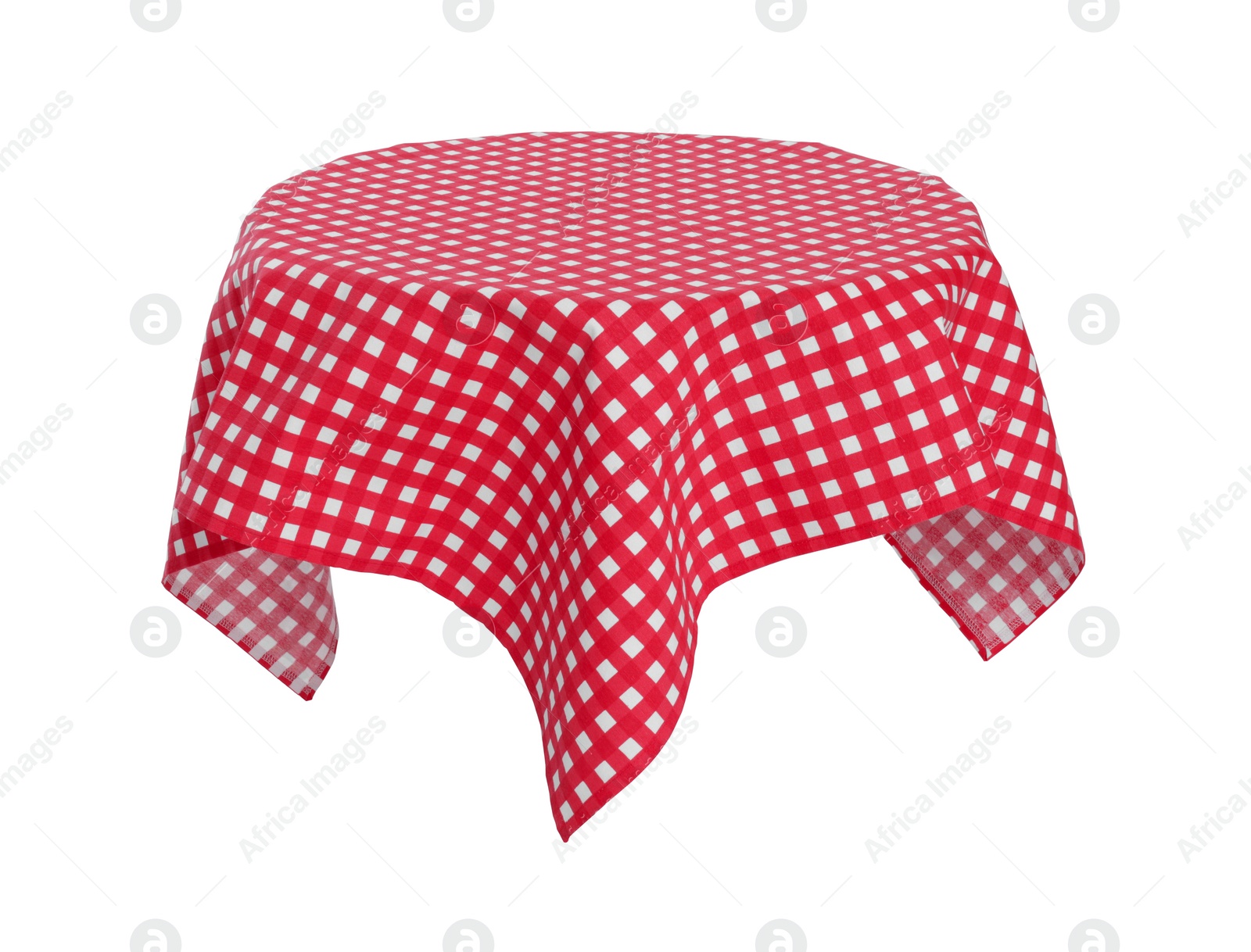 Photo of Table with checkered tablecloth isolated on white