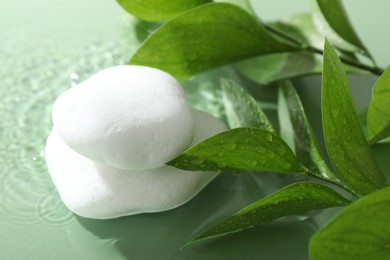 Photo of Spa stones and fresh leaves in water on light green background, closeup