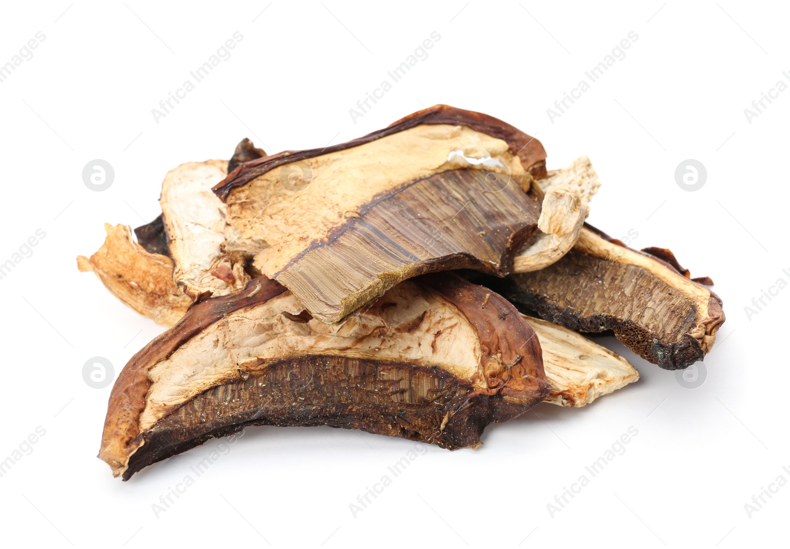 Photo of Slices of dried mushrooms on white background