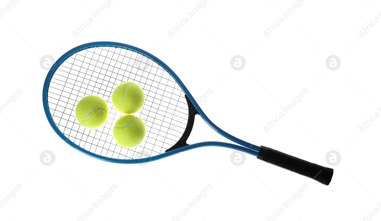 Photo of Tennis racket and balls on white background. Sports equipment