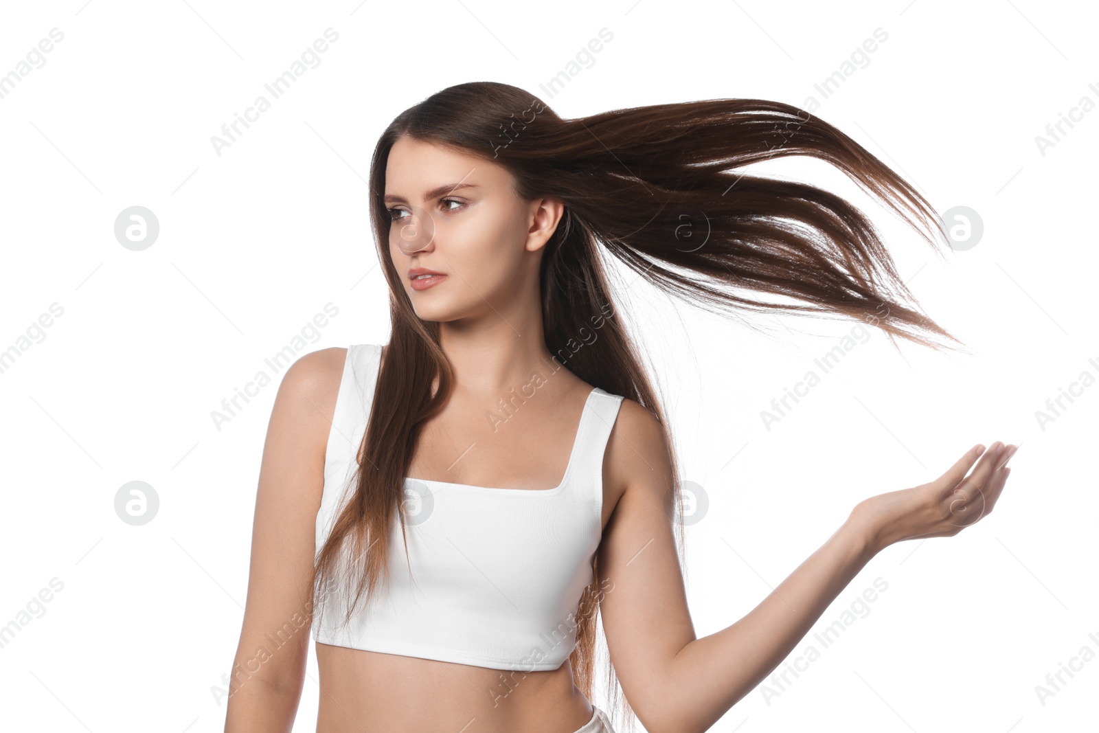 Photo of Young woman with strong healthy hair on white background