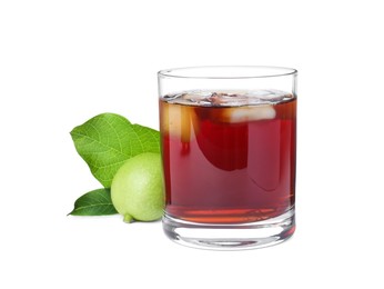 Photo of Delicious liqueur with ice and green walnut on white background