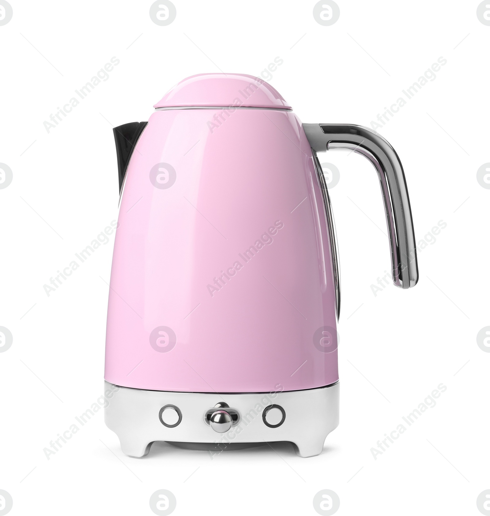 Photo of Modern pink electric kettle with base isolated on white