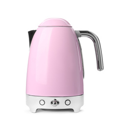 Photo of Modern pink electric kettle with base isolated on white