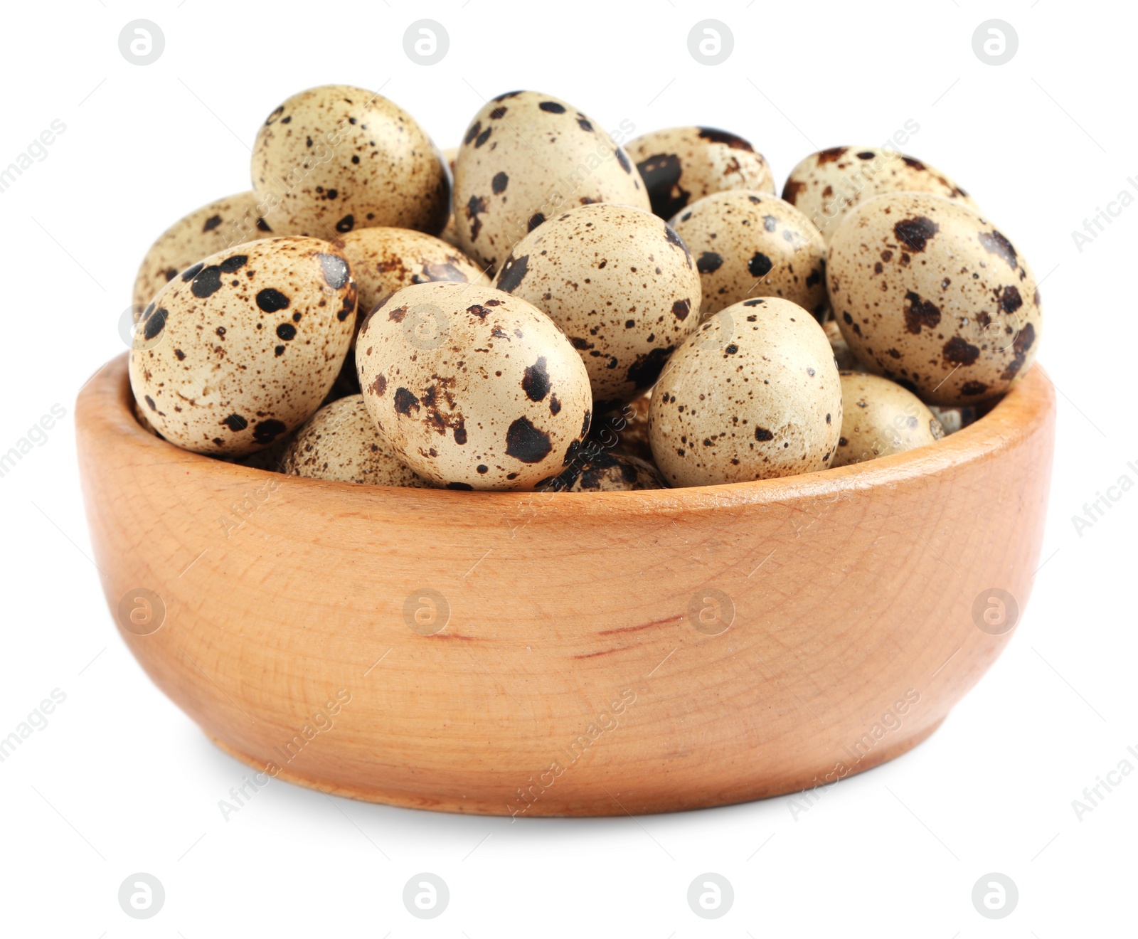 Photo of Wooden bowl with quail eggs isolated on white