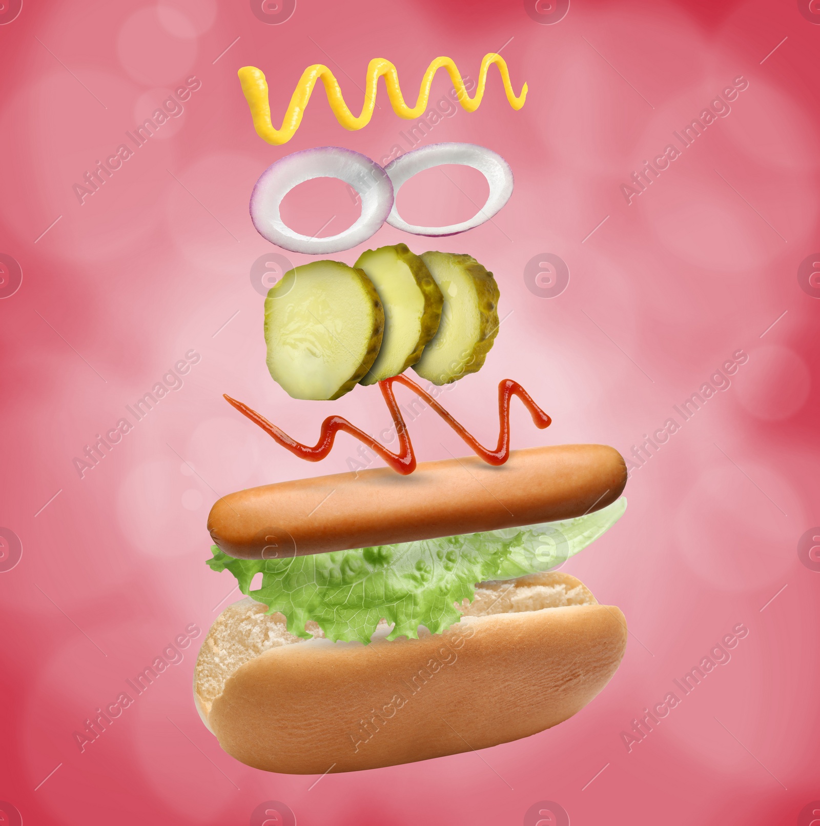 Image of Hot dog ingredients in air on red background