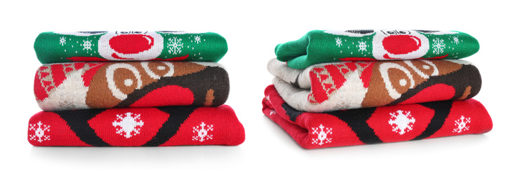 Image of Collage with stacked folded Christmas sweaters on white background. Banner design