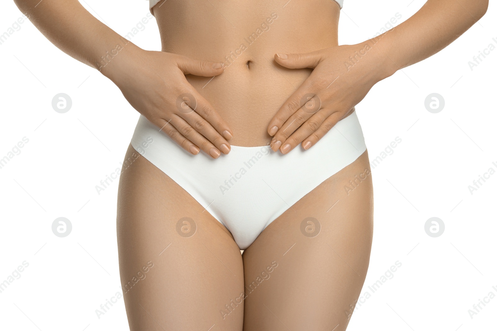 Photo of Gynecology. Woman in underwear isolated on white, closeup