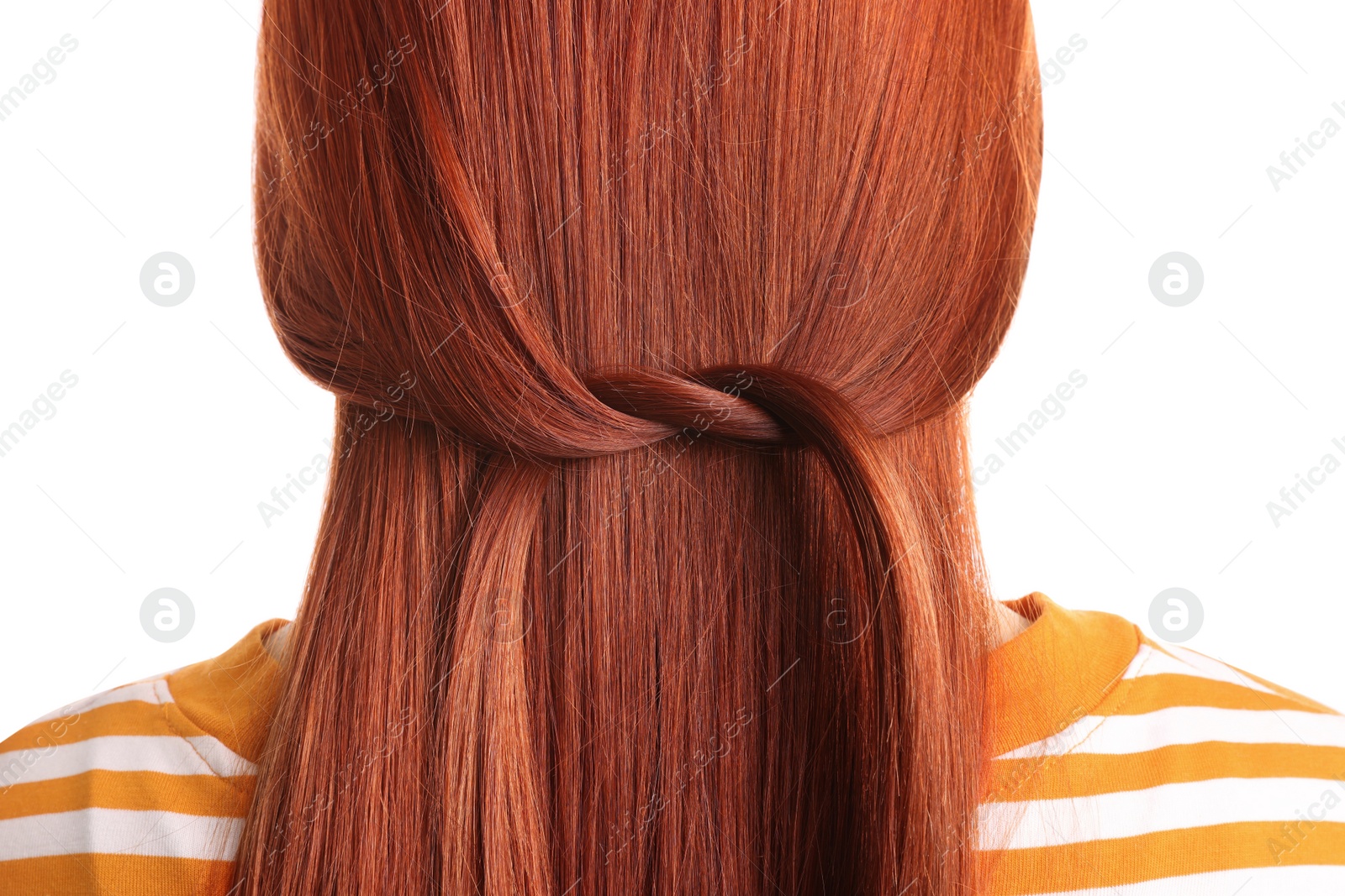 Photo of Woman with red dyed hair on white background, back view
