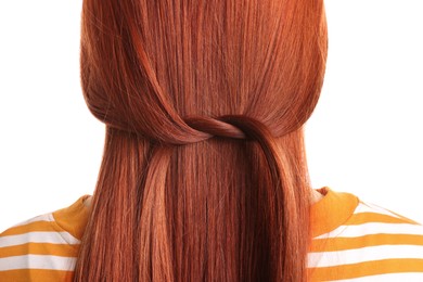 Photo of Woman with red dyed hair on white background, back view