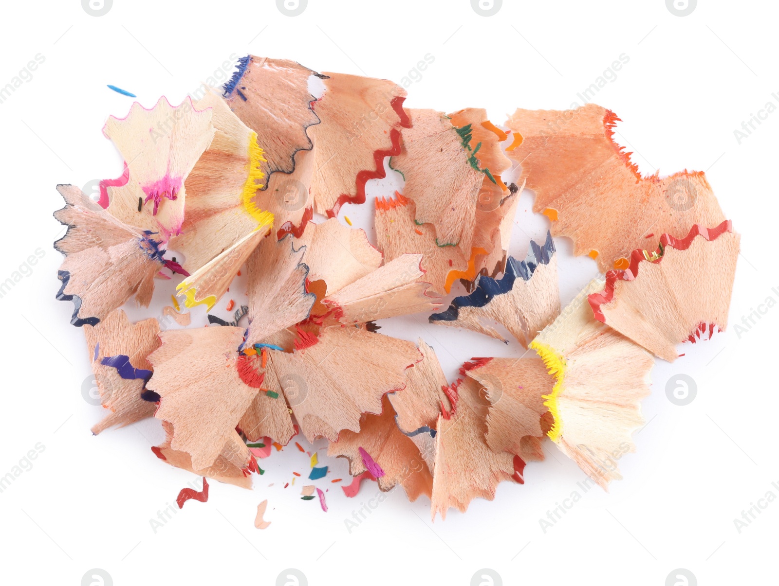 Photo of Pile of colorful pencil shavings on white background, top view