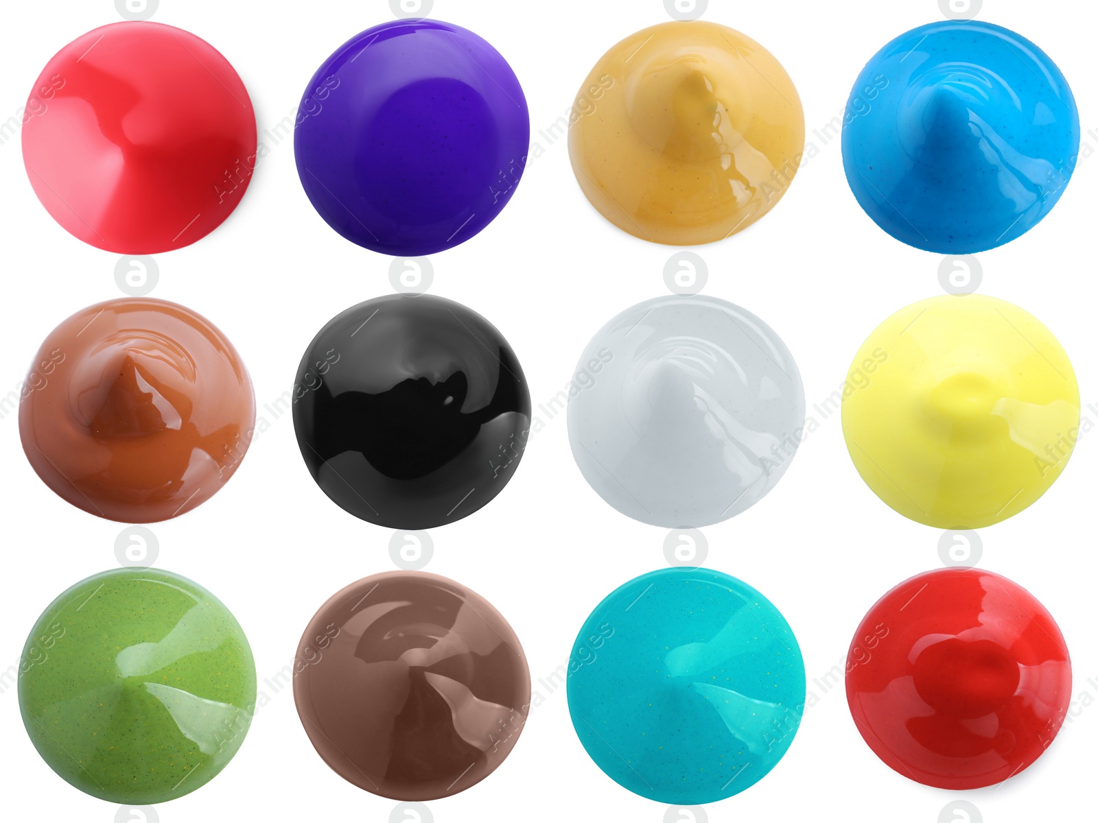 Image of Set with paint blobs of different colors isolated on white, top view