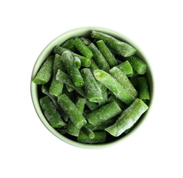 Photo of Frozen green beans in bowl isolated on white, top view. Vegetable preservation