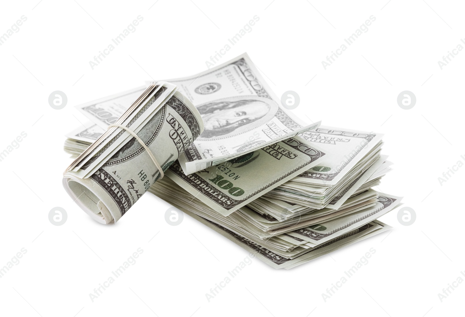 Photo of Many dollar banknotes on white background. American national currency
