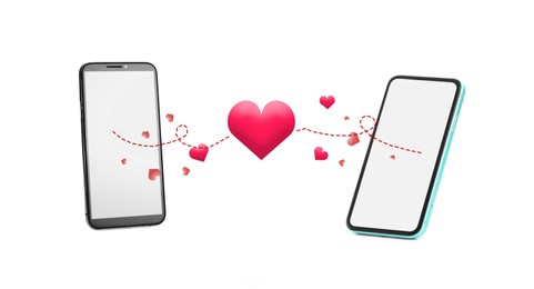 Image of Love in long distance relationship. Line and many hearts between mobile phones on white background