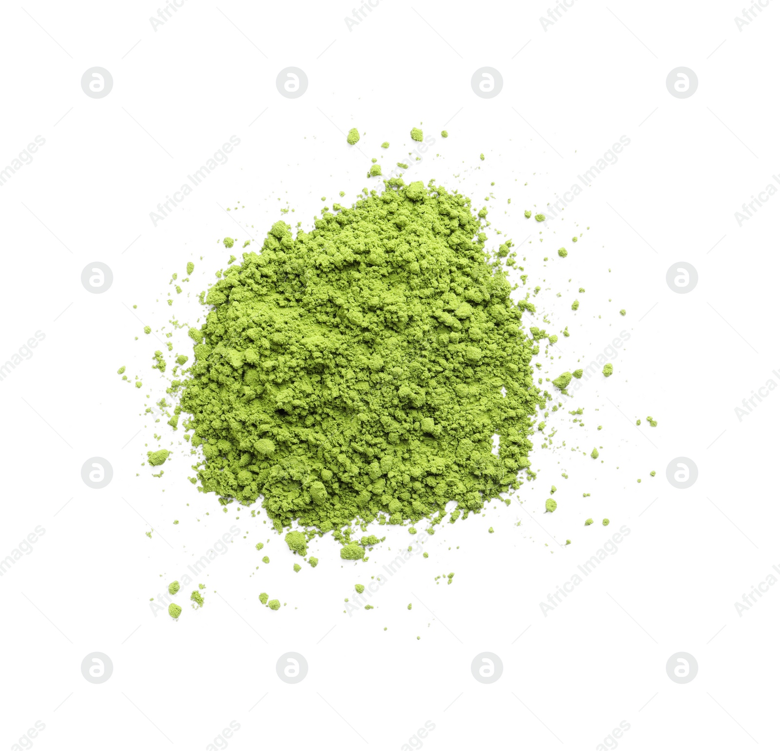 Photo of Pile of green matcha powder isolated on white, top view