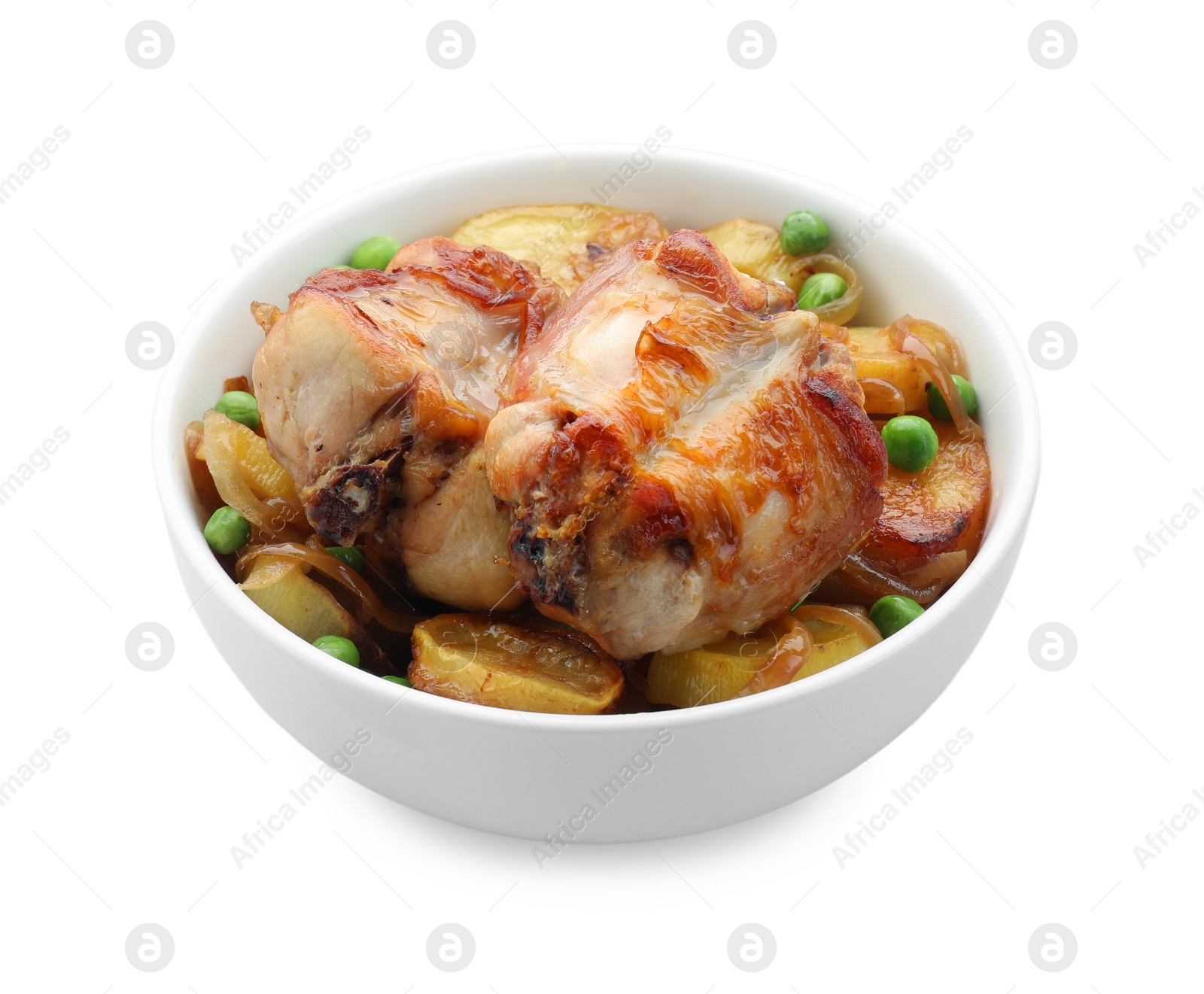 Photo of Tasty cooked rabbit with vegetables in bowl isolated on white