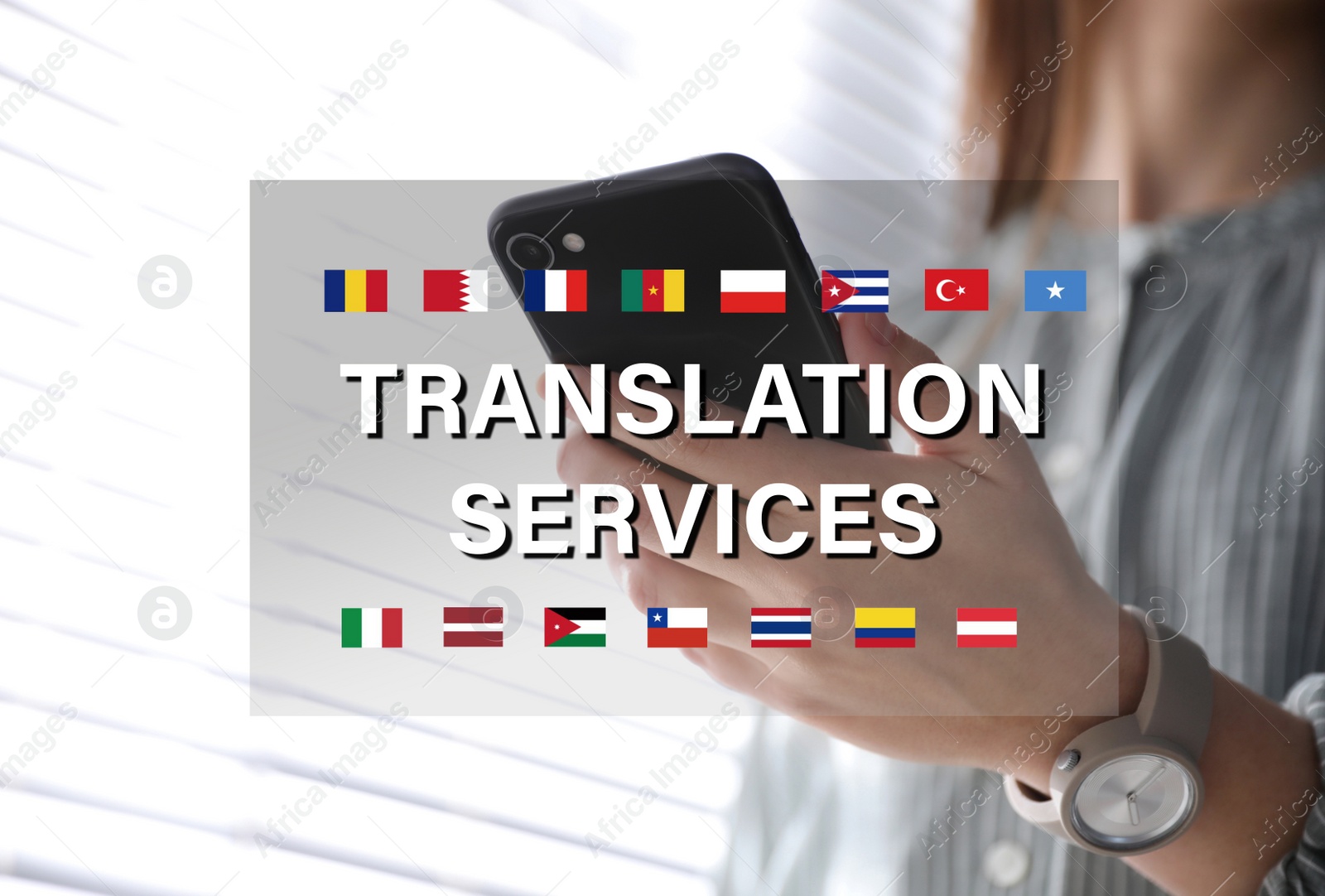 Image of Translation services. Woman holding smartphone indoors, closeup