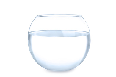 Photo of Glass fish bowl with clear water isolated on white