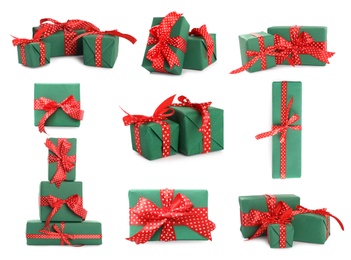 Image of Set of different Christmas gift boxes on white background