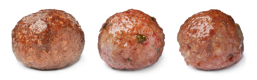 Image of Set with tasty cooked meatballs on white background. Banner design