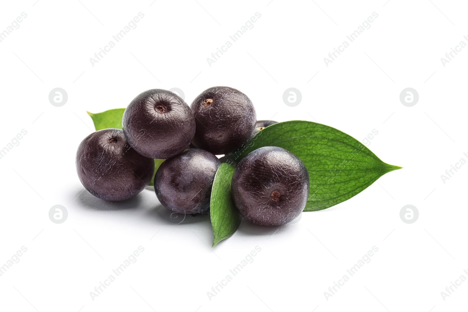 Photo of Fresh acai berries with leaves on white background