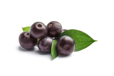 Photo of Fresh acai berries with leaves on white background