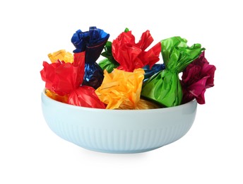 Bowl with candies in colorful wrappers isolated on white