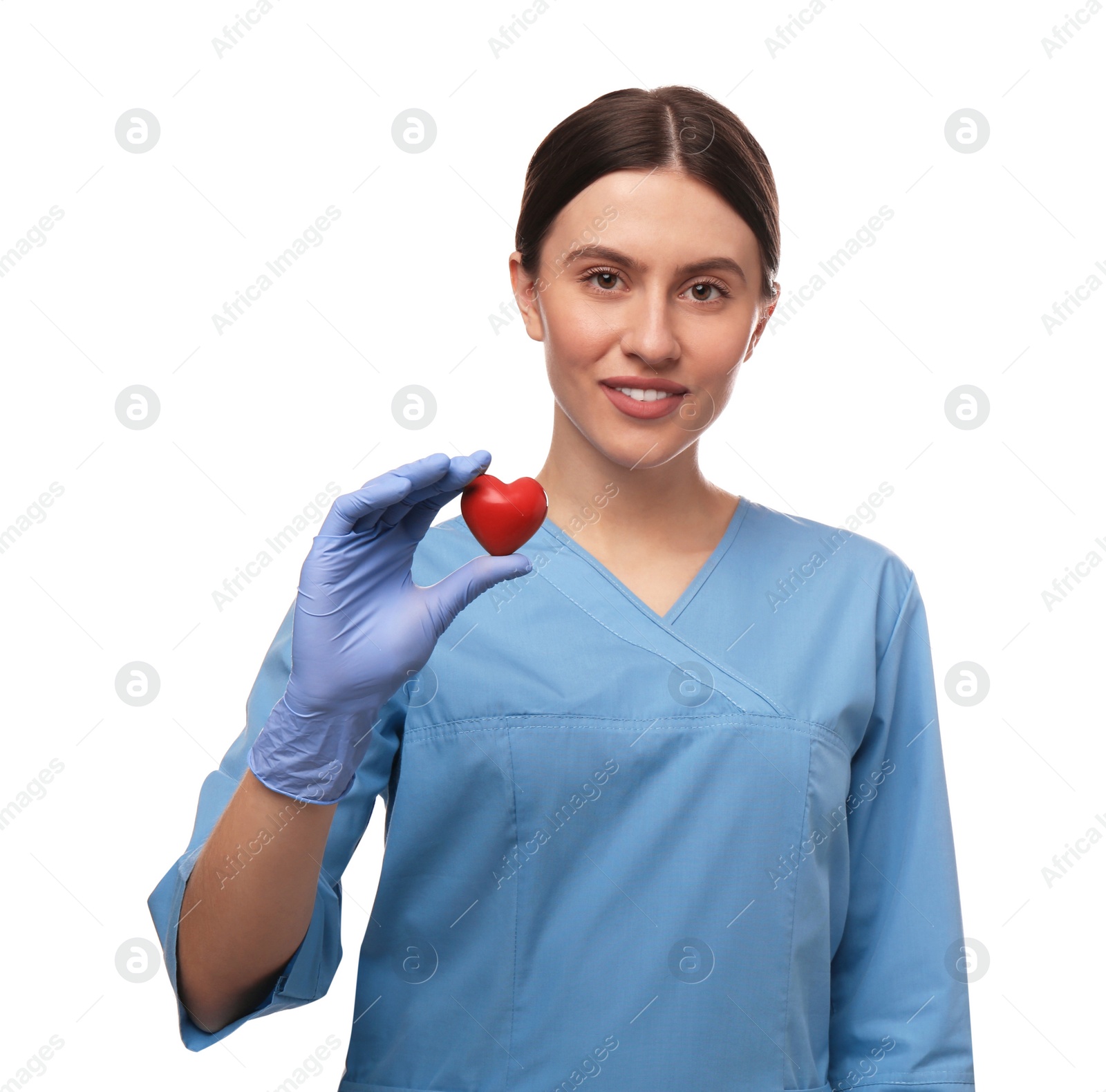 Photo of Doctor holding red heart on white background. Cardiology concept